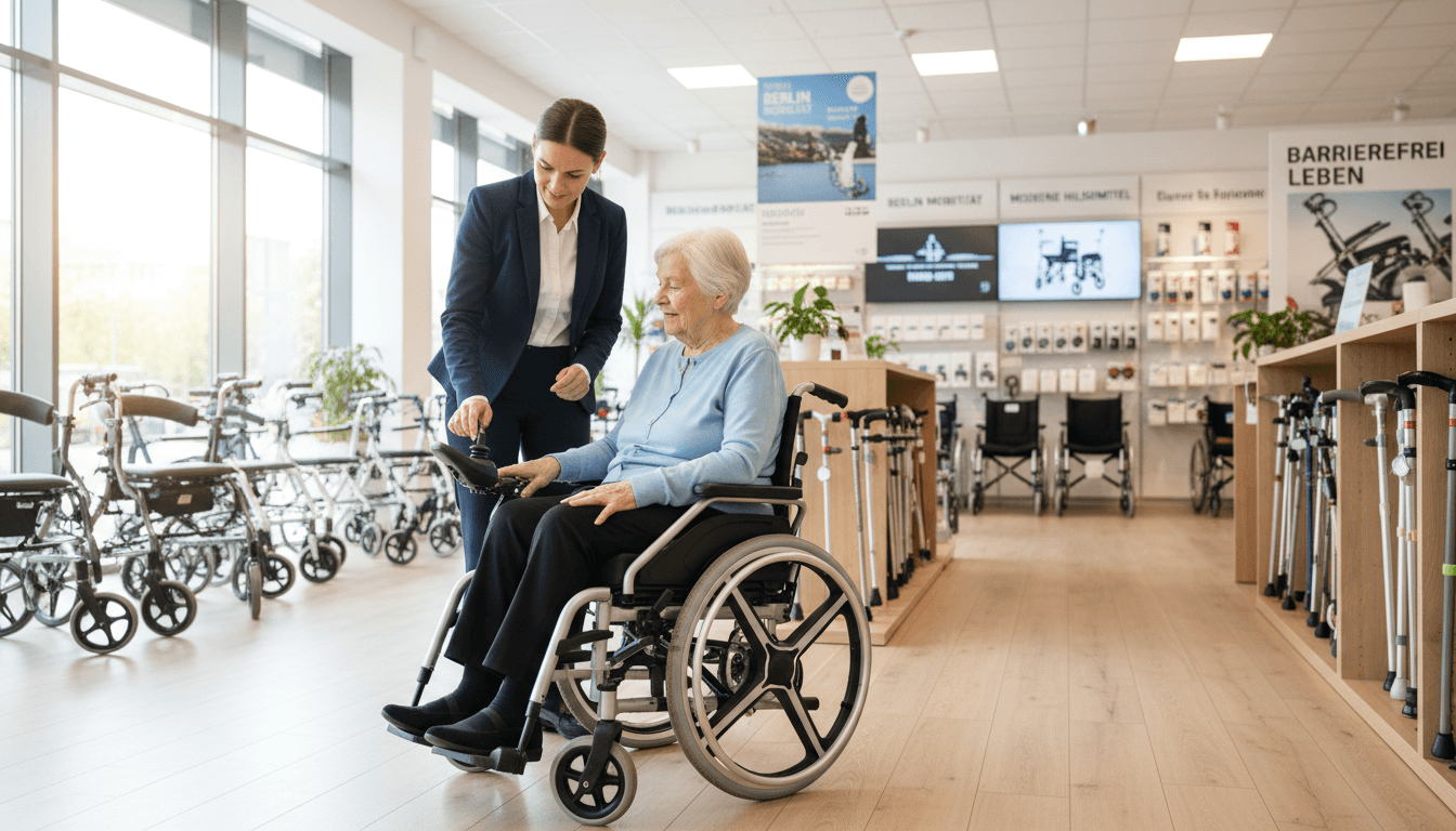 Specialist consulting elderly patient on electric wheelchairs in a Berlin medical supply store